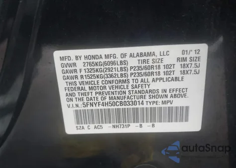2012 Honda Pilot Ex-L z USA, uszkodzony, nr VIN 5FNYF4H50CB033014